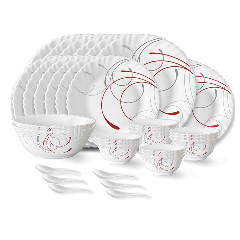 Larah by Borosil Boro Fluted Series Opalware Dinner Set | 33 Pieces for Family of 6 | Microwave & Dishwasher Safe | Bone-Ash Free | Crockery Set for Dining & Gifting | Plates & Bowls | White