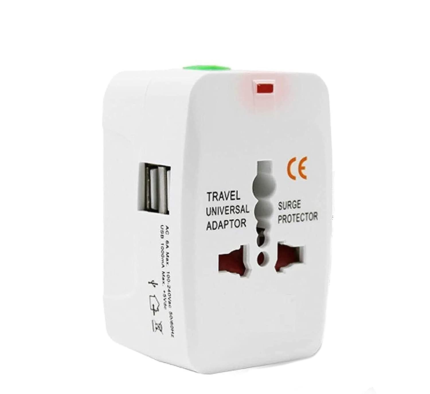 Madhabi Universal Travel Adapter with Dual USB Ports – Worldwide All-in-One Power Plug Adapter for UK, US, EU, AUS – Surge Protection Charger for Mobile Phone, Laptop, Tablet, Camera – White