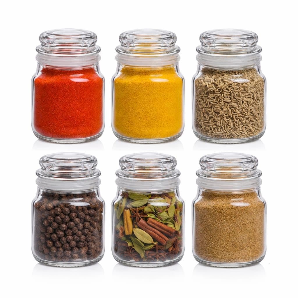 Sharma Enterprises Glass Jar Set 100ml (6 Pcs) || Airtight Kitchen Storage Jars for Masala, Salt, Chilli, Jeera, Jam, Honey, Ghee, Herbs, Spices || Perfect Containers for Home & Gifting