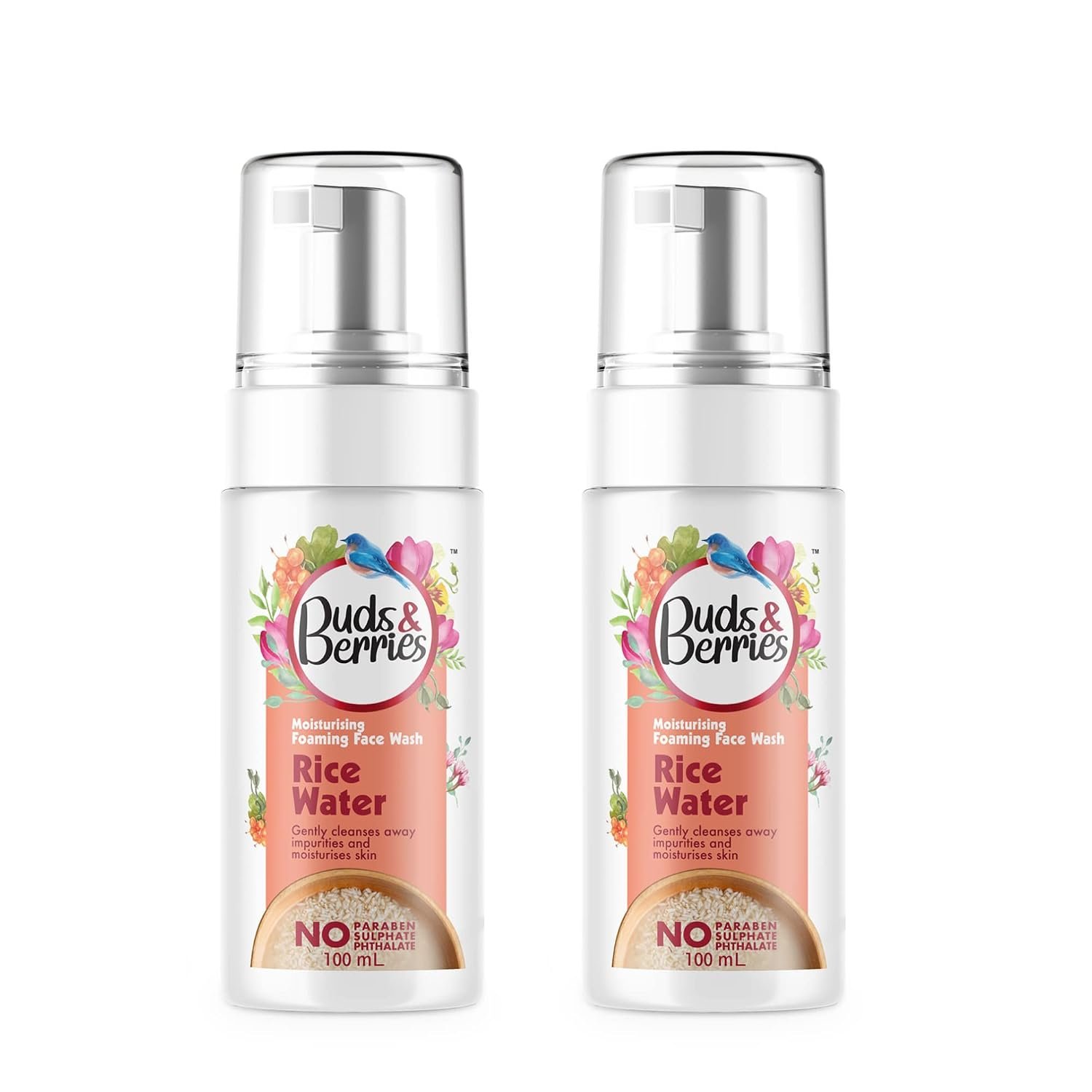 Buds & Berries Moisturising Foaming Rice Water Face Wash For Soft, Bright & Clear Skin | pH Balanced Gentle Face Wash| No Sulphate, No Paraben (100 ml) - Pack of 2