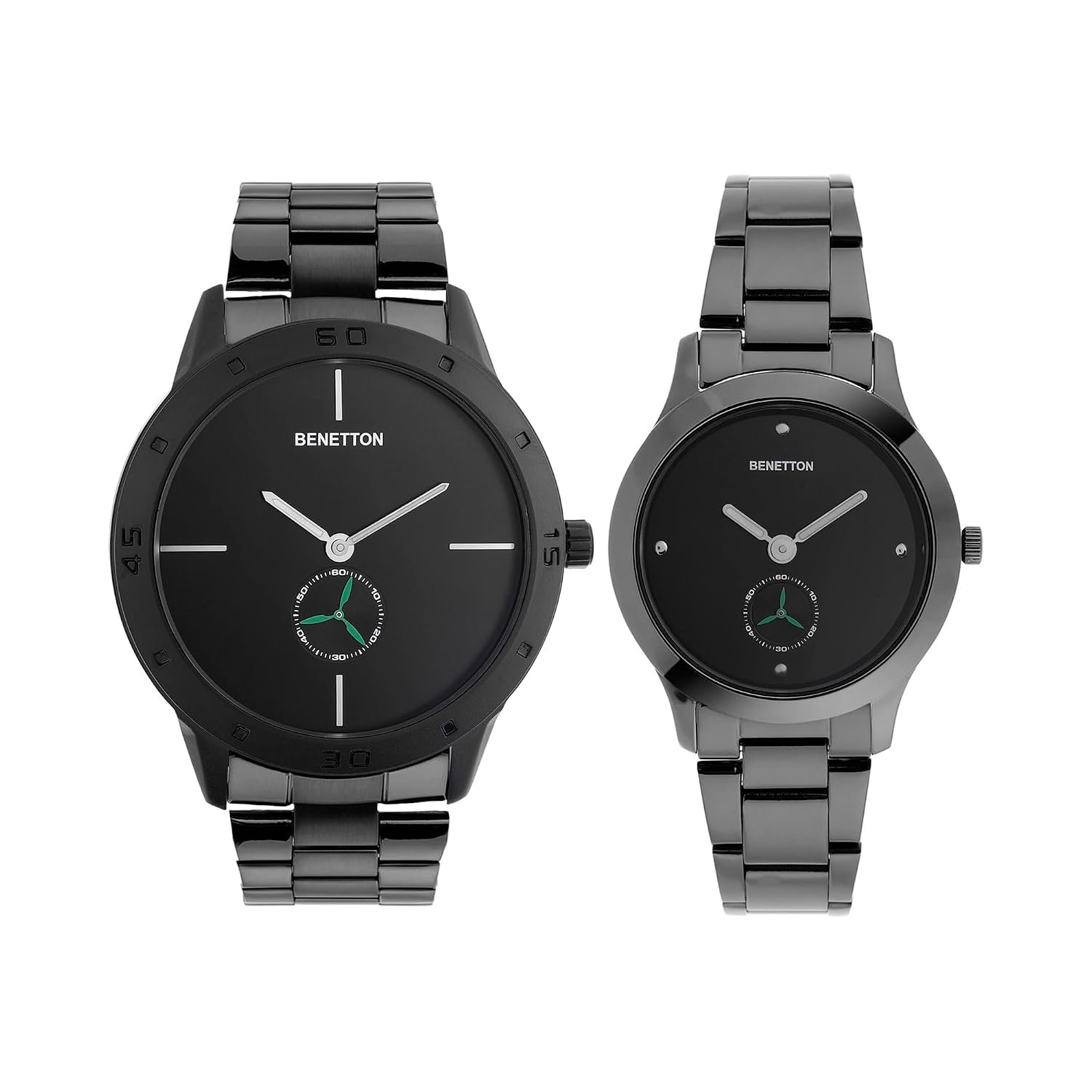 United Colors of Benetton Iconic Analog Watch for Couple with Black Round Dial & Black Stainless Steel Bracelet Band Water Resistant Pair's Wrist Watches - UWUCPR002