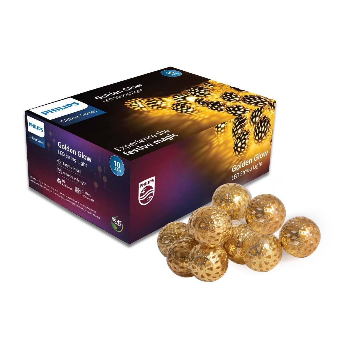 PHILIPS 4M 10 LED Golden Glow String Light | Decorative Ladi Light for Diwali, Wedding, Festival, Party, Wall & Window Decoration | Warm White, Pack of 1