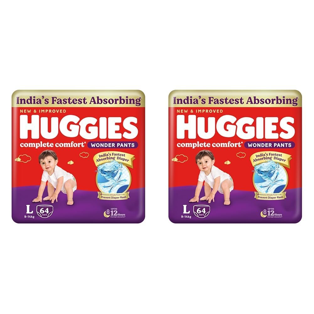 Huggies Complete Comfort Wonder Pants | Pant Style Baby Diapers L Size, 64 Count | India's Fastest Absorbing Diaper, Patented Dry Xpert Channel, Ideal for 9 to 14 Kgs (Pack of 2)