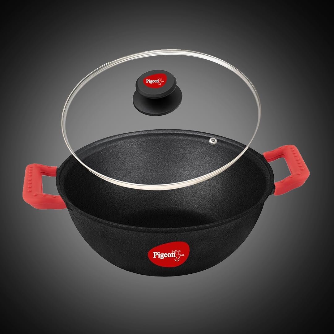 Pigeon by Stovekraft Cast Iron Kadai with Glass Lid | Small, 20 cm | Naturally Nonstick | Pre-Seasoned Kadhai with 100% Vegetable Oil | Toxin-Free | High Pressure Casting | Bring Back Nostalgic Taste