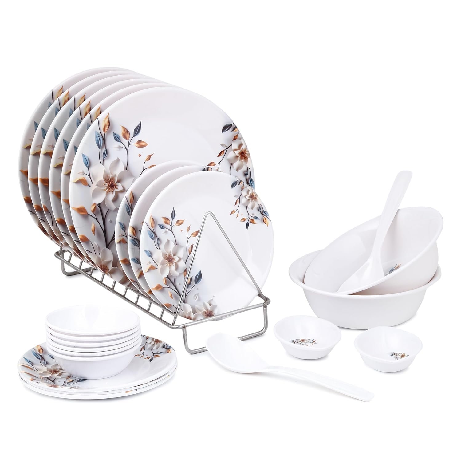 Golden Fish Melamine Printed Dinner Set 24 Pieces | BPA-Free & Dishwasher Safe | Durable & Stylish | Floral Print | Crockery Set for Dining & Gifting | Plates & Bowls for Daily Use (White & Blue)