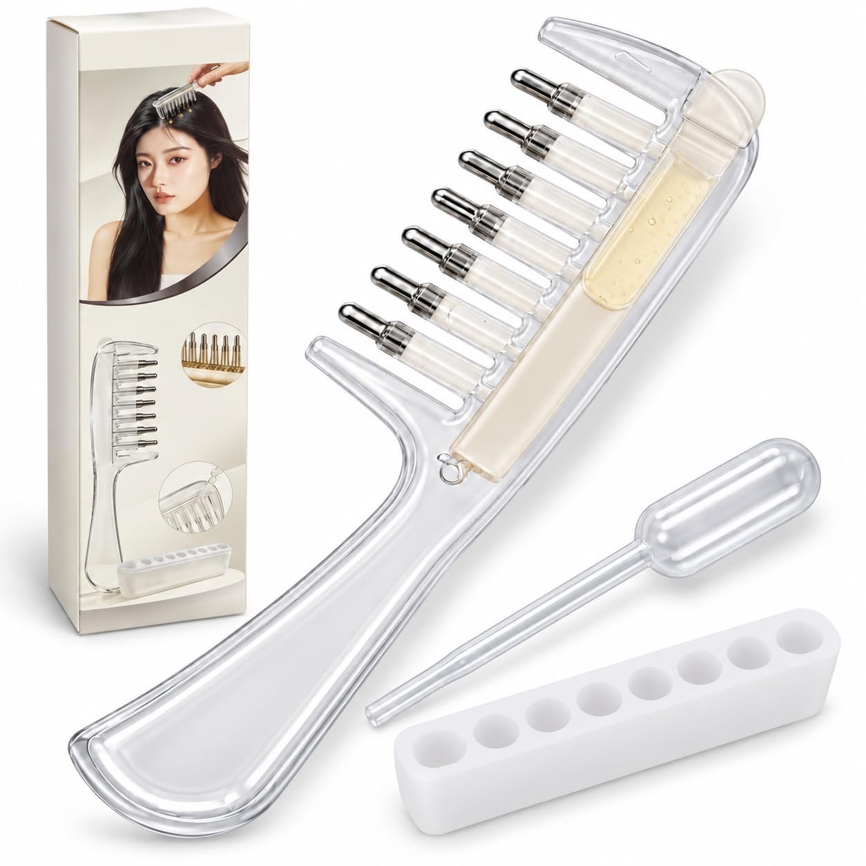 Hair Oil Applicator Comb, Refillable Scalp Massager & Liquid Dispenser with 7 Rounded Metal Tips, 3-Piece Set with Transfer Pipette and Silicone Stand, Clear Liquid Flow Applicator for Easy Hair Oil and Scalp Care