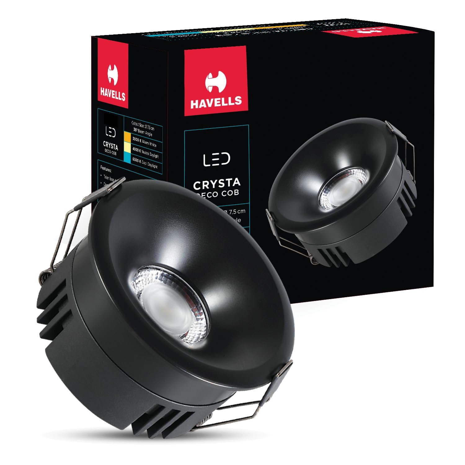 Havells Crysta Deco Cob 12W 6K Matt Black,Led-Spotlights,Energy Efficient,Long Life of 25000 Burning Hours,Beam Angle of 36°,Metal Body Cob with Independent Driver,Cool Daylight (6500K)