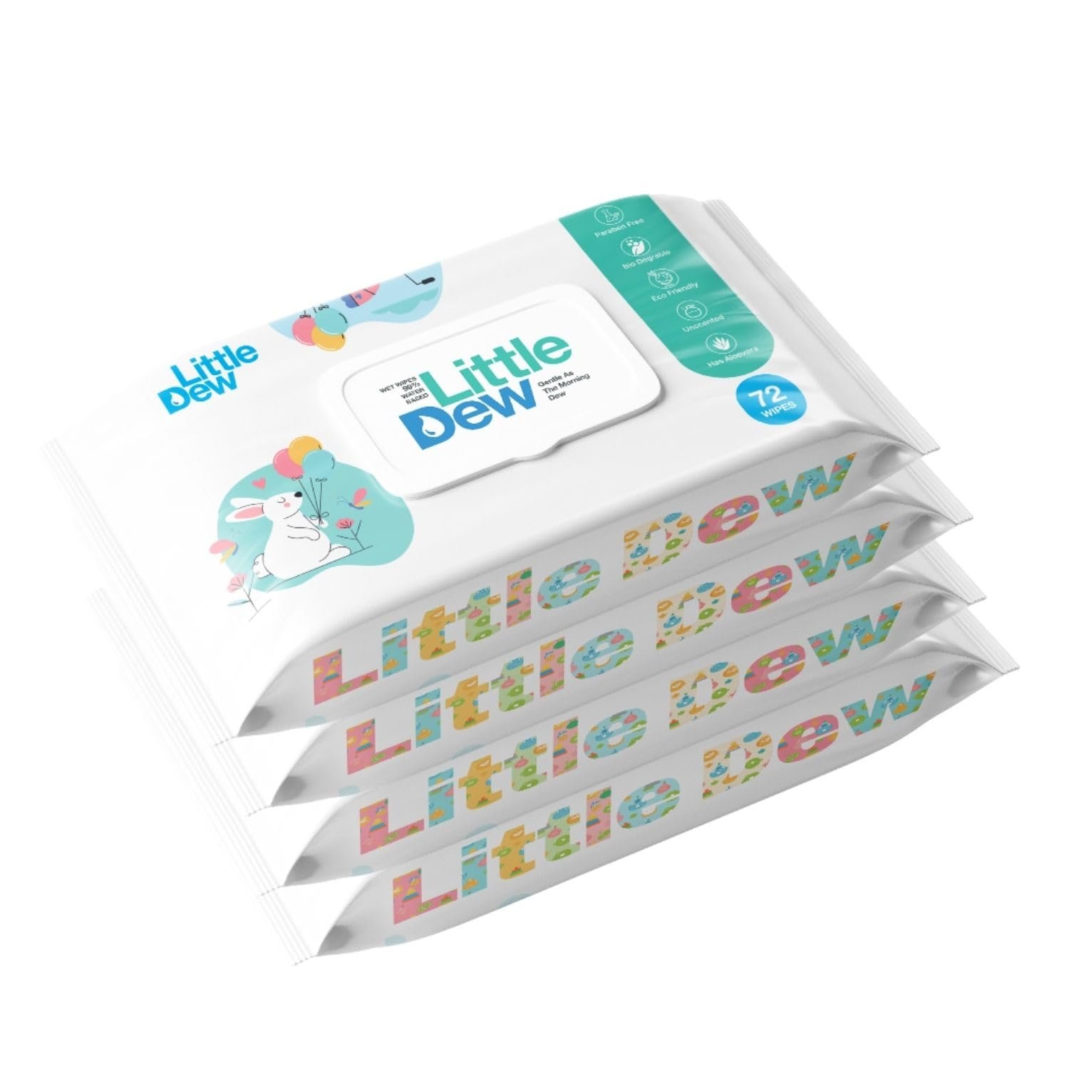 99% Water Based Baby Wet Wipes | Aloe Vera | Soft & Gentle for Newborn, Babies & Sensitive Skin | Flip-Top Lid | Pack of 4 x 72 Wipes