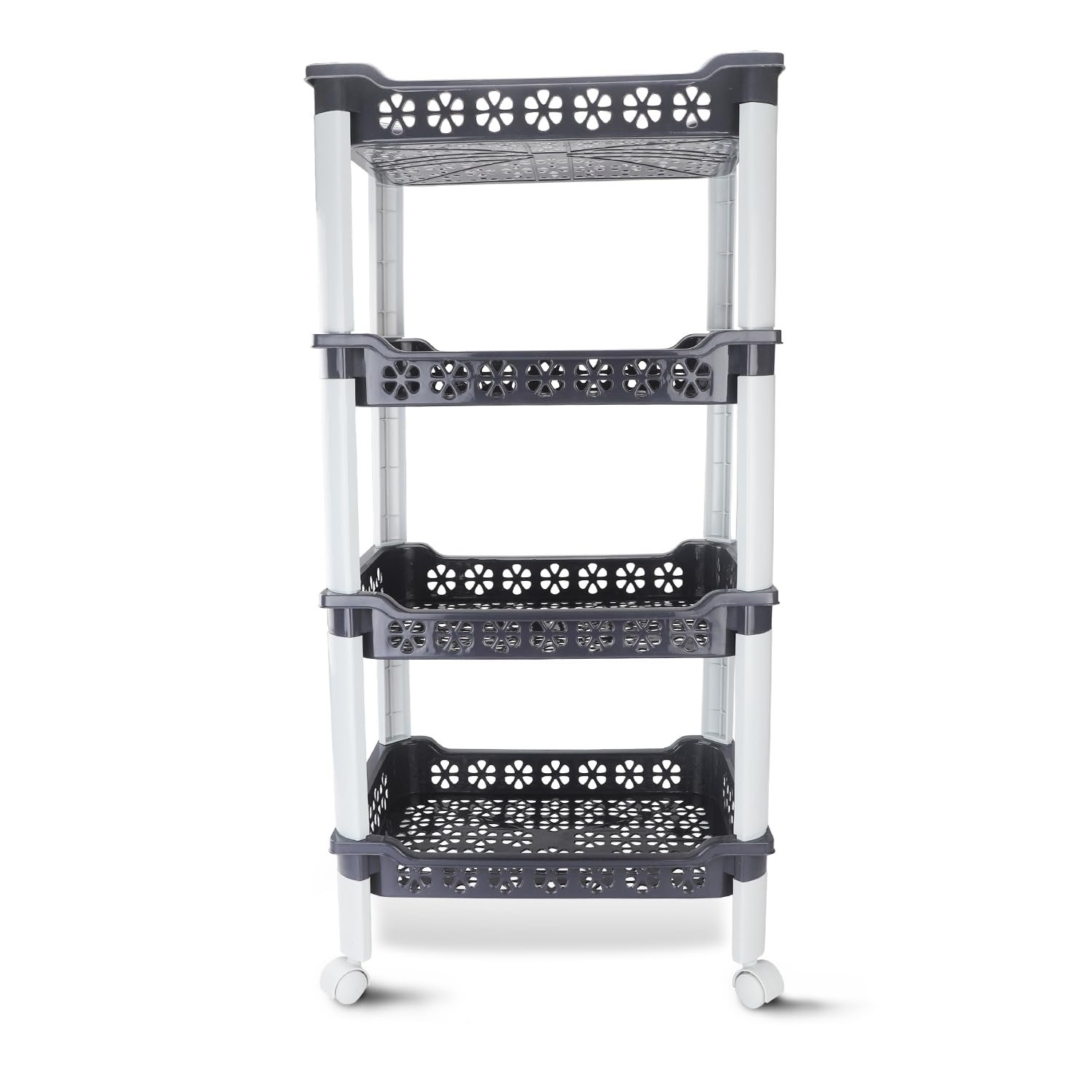 Nayasa Candy Rectangular Trolley 4 Layers | Kitchen Organizer | Stand for Kitchen | Shelf Organizer | Vegetable Basket for Onion,Potato |Vegetable Trolley with Wheels | 38 X 28 X 79 cm | Grey