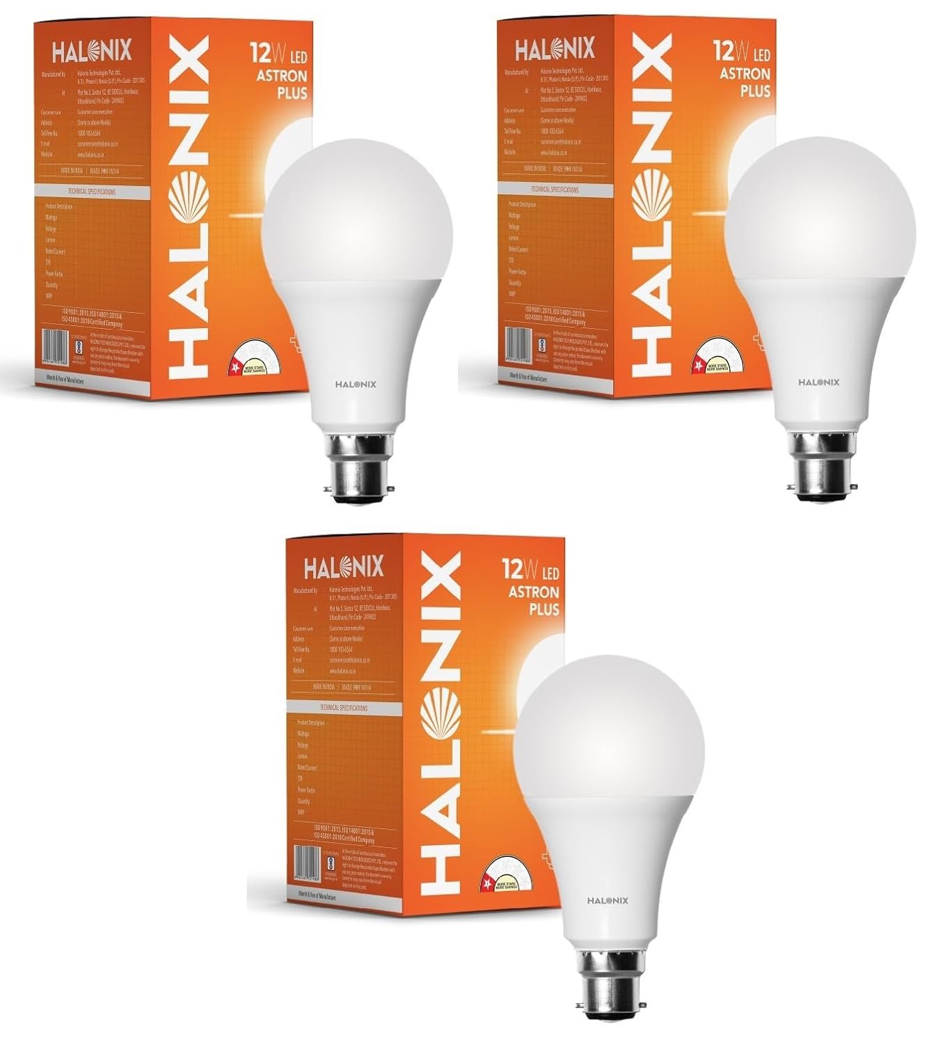 Halonix 12W LED Light Bulb | Cool Day Light (6500K) |Pack of 3|Energy Efficient| 4kv Surge Protection |100 Lumens per watt, B22