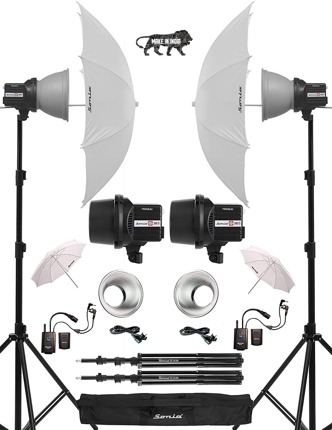 Sonia 300D Premium Studio Light Strobe with Combo Pack of 2 Strobe Light 300D; 2 Reflector 21cms; 2 White Umbrella; 2 Light Stand 8.5 feet Approx; 2 AT16 Radio Trigger