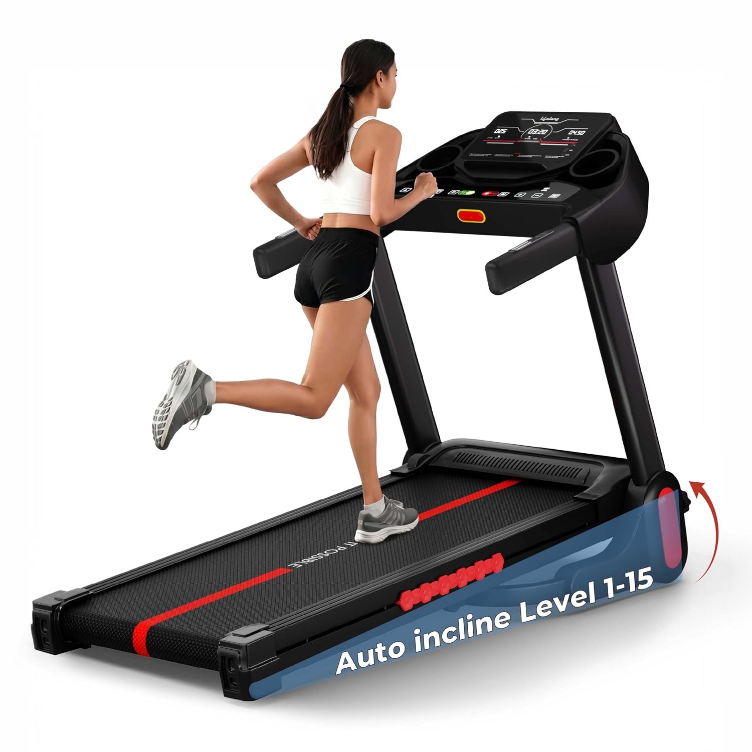 Lifelong 4.5HP Peak Foldable Treadmill for Home| Gym Equipment for Home Workout | Wide Belt | LED Display | 15 Level Auto Incline | 14 km/h Speed | 12 Preset Programs | Hydraulic Fold | Bluetooth & Fit Show App | 110kg Max Weight