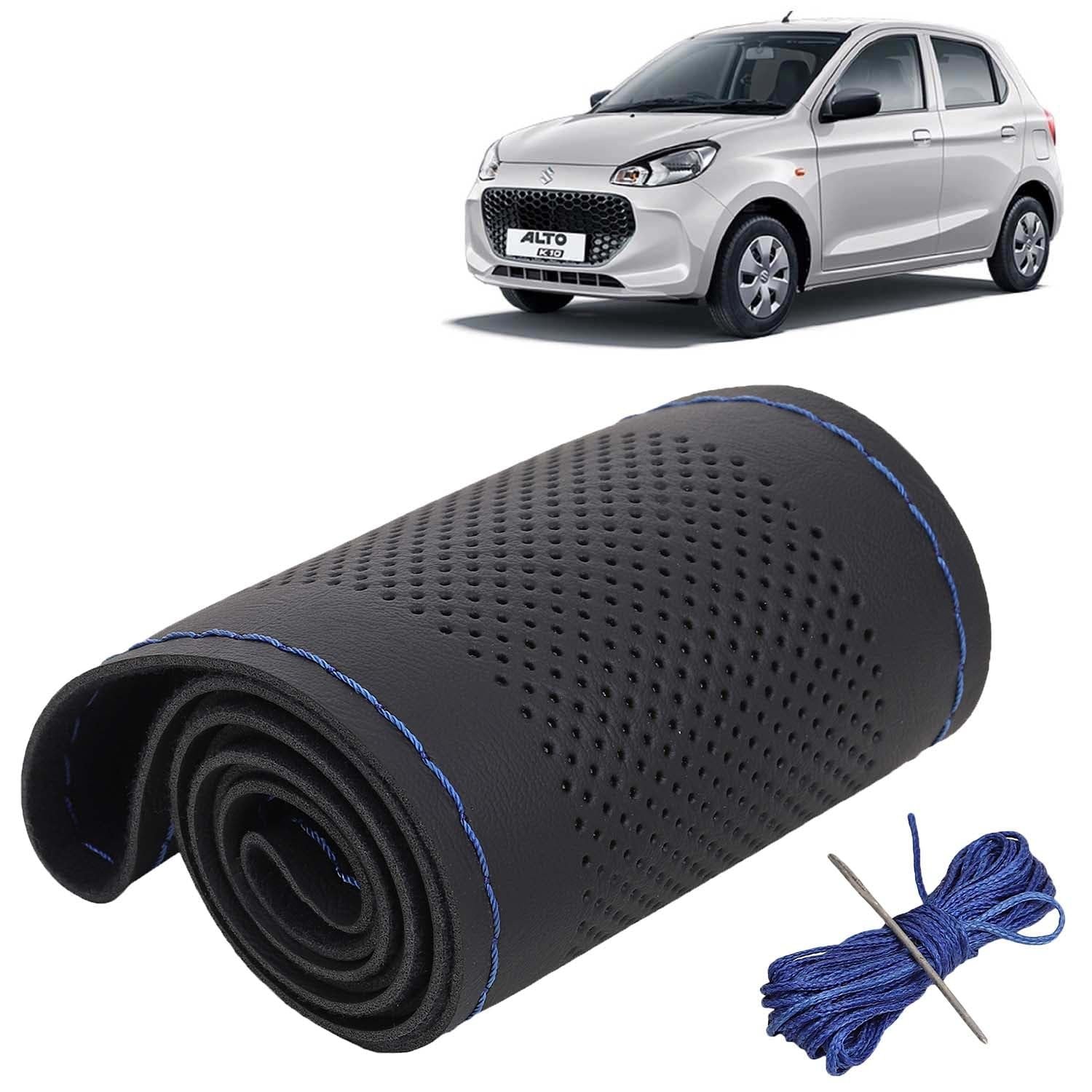 KINGSWAY® PU Leatherite Car Steering Cover Sewable Compatible with Maruti Suzuki Alto K10 (Year 2022 Onwards), Black Color with Blue Thread, Pack of 1 with Sewing Needle and Thread