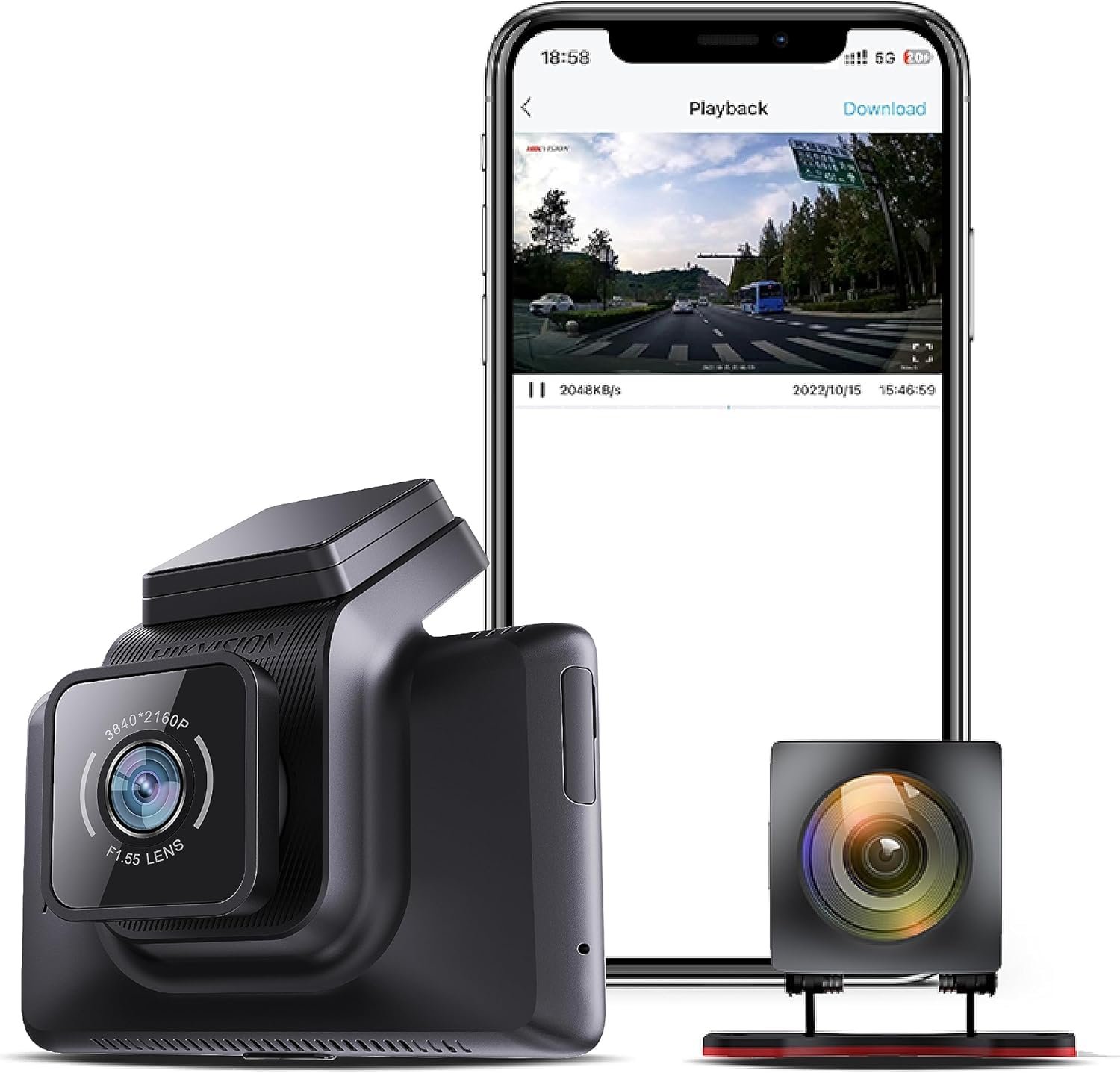 Hikvision Car Dash Camera K5|2K Dual Channel|3 Inch Touch Screen|2K Front HD |1080P Rear HD|140° Coverage|G Sensor|Voice Recognition|Emergency Recording|256GB SD Support,Black Without Hardwired KIT