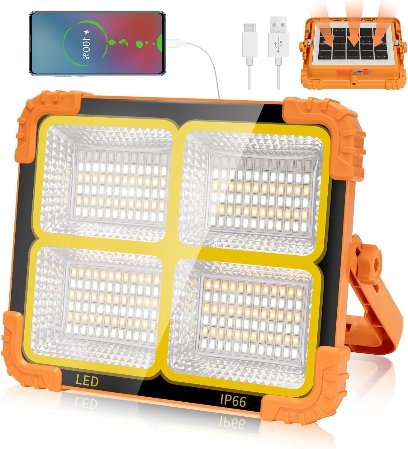 100W LED Construction Spotlight – Portable Battery Solar Light, 10000 LM, 12000 mAh USB‑Rechargeable, 4 Light Modes, 100W Work Light, Emergency Camping & Outdoor Lamp – Orange