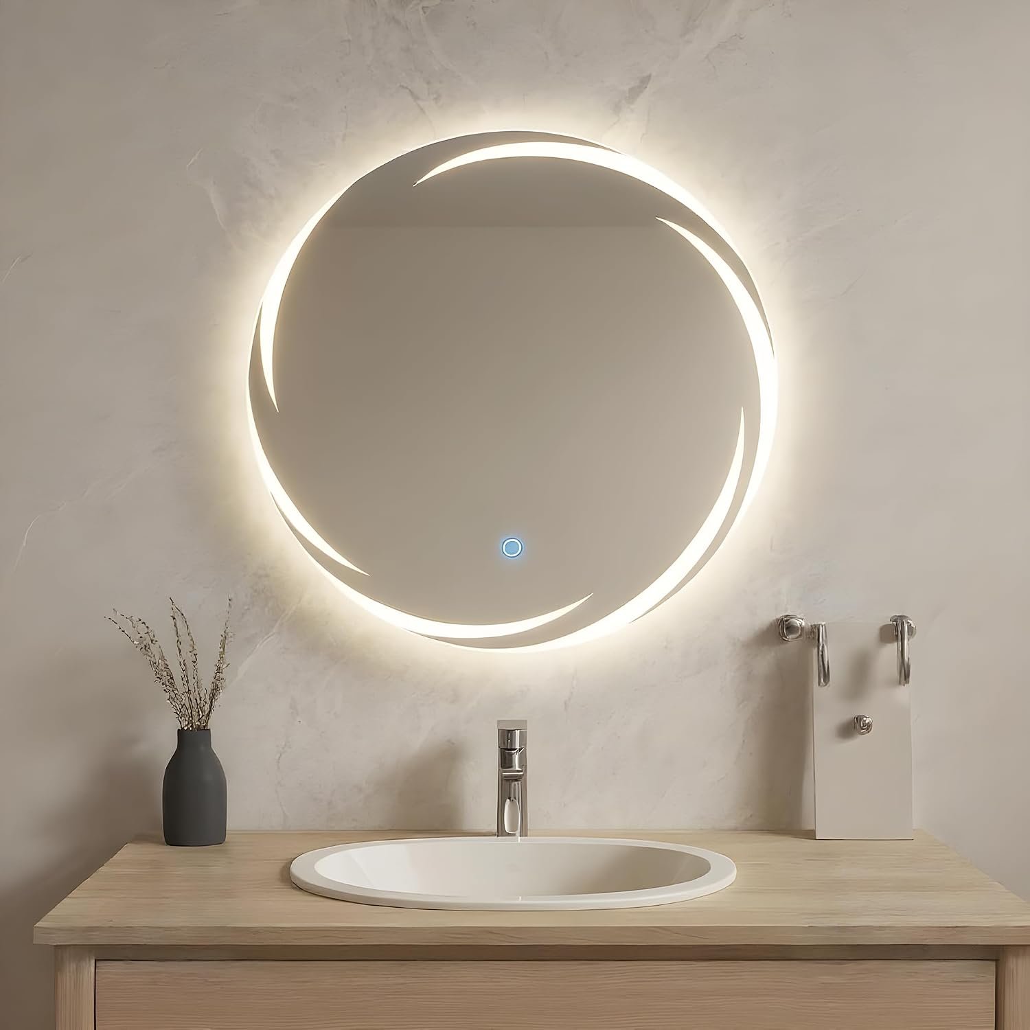 Amazon Basics Round Glass | 21 x 21 Inch Wall-Mounted LED Mirror with Smart Sensor | 3-Color Light (Warm, White, Natural)