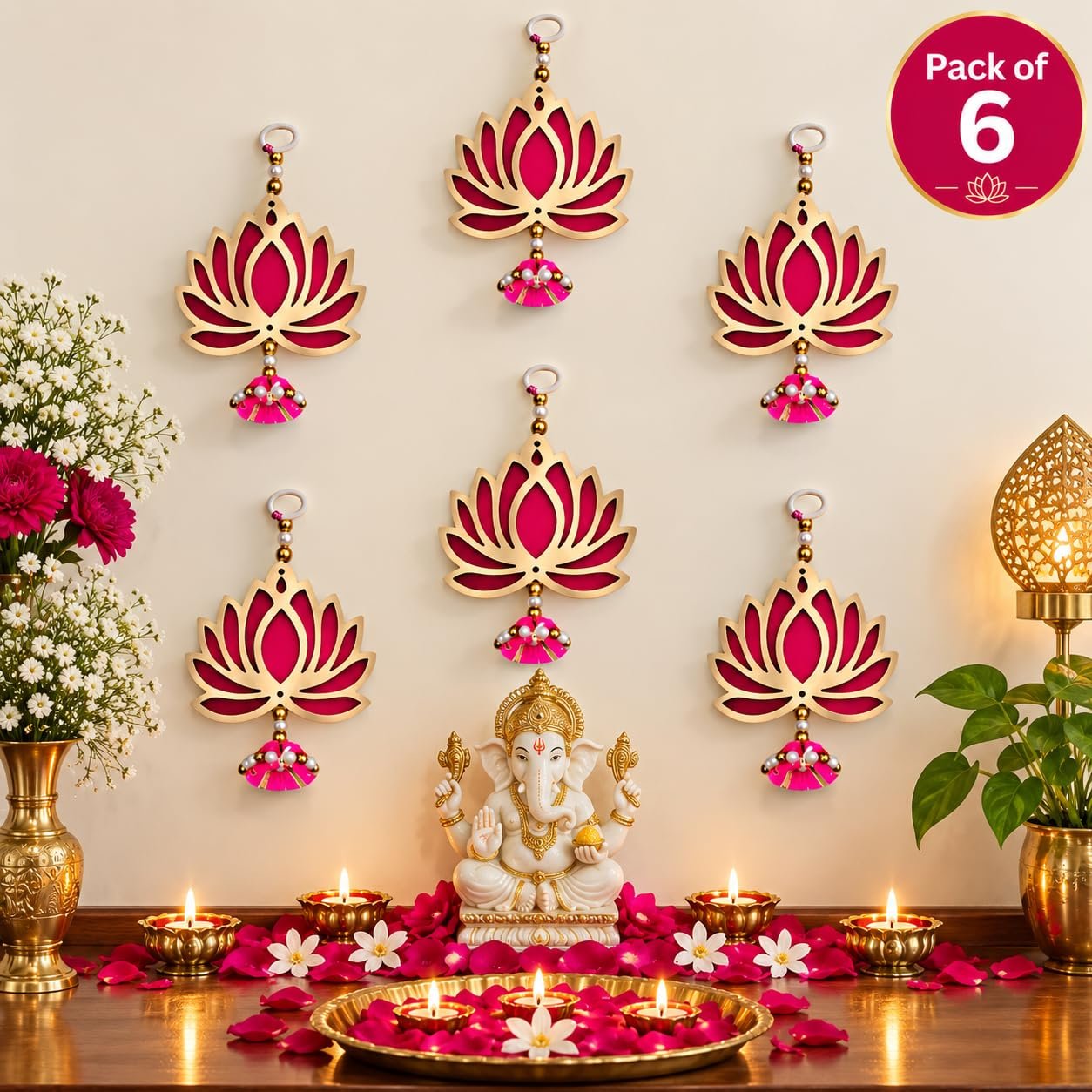 Lotus Hanging for Decoration | Handmade Wall Decor with Jhumki Style | Set of 6 Pink/Rani | Export Quality Lotus Hanging for Home, Temple & Pooja Room | Diwali, Wedding & Festival Decor