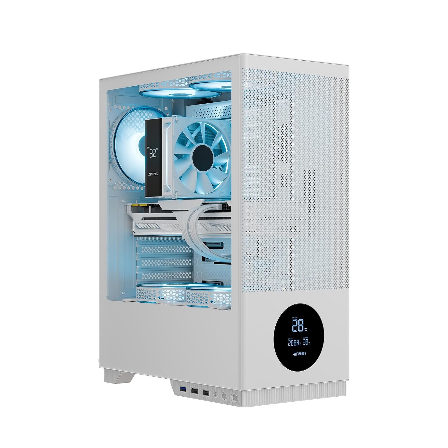 Ant Esports X2 LCD Mid-Tower Computer Case /Gaming Cabinet - White | Support ATX, M-ATX, M-ITX | Pre-Installed 3 ARGB Fans