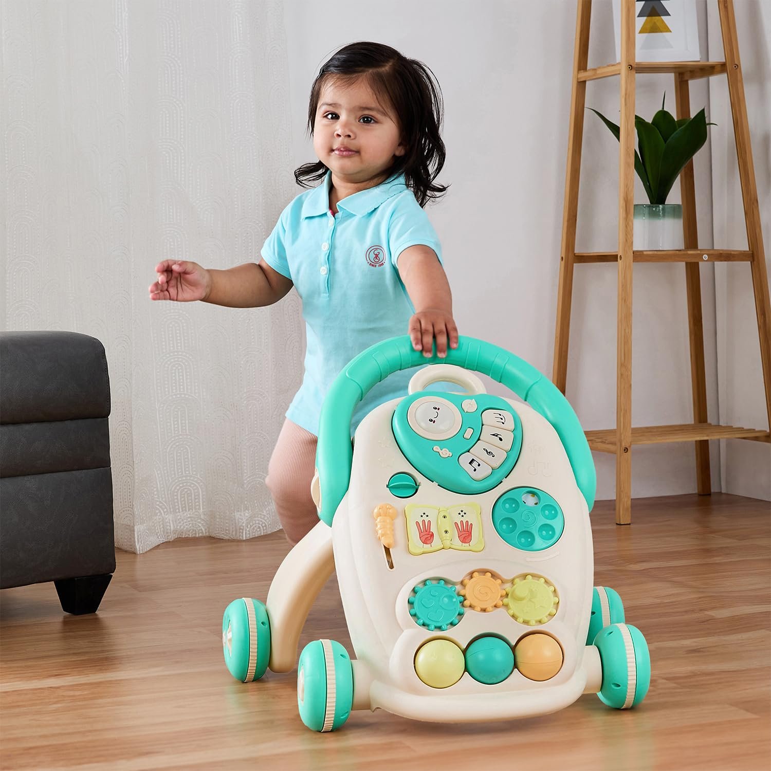 Amazon Brand - Supples Baby Walker with Music, LED Lights & Handle | Push Activity Walker with Water/Sand Tank for Stability | Learning Toy for Toddlers 9+ Months | Beige & Sea Green