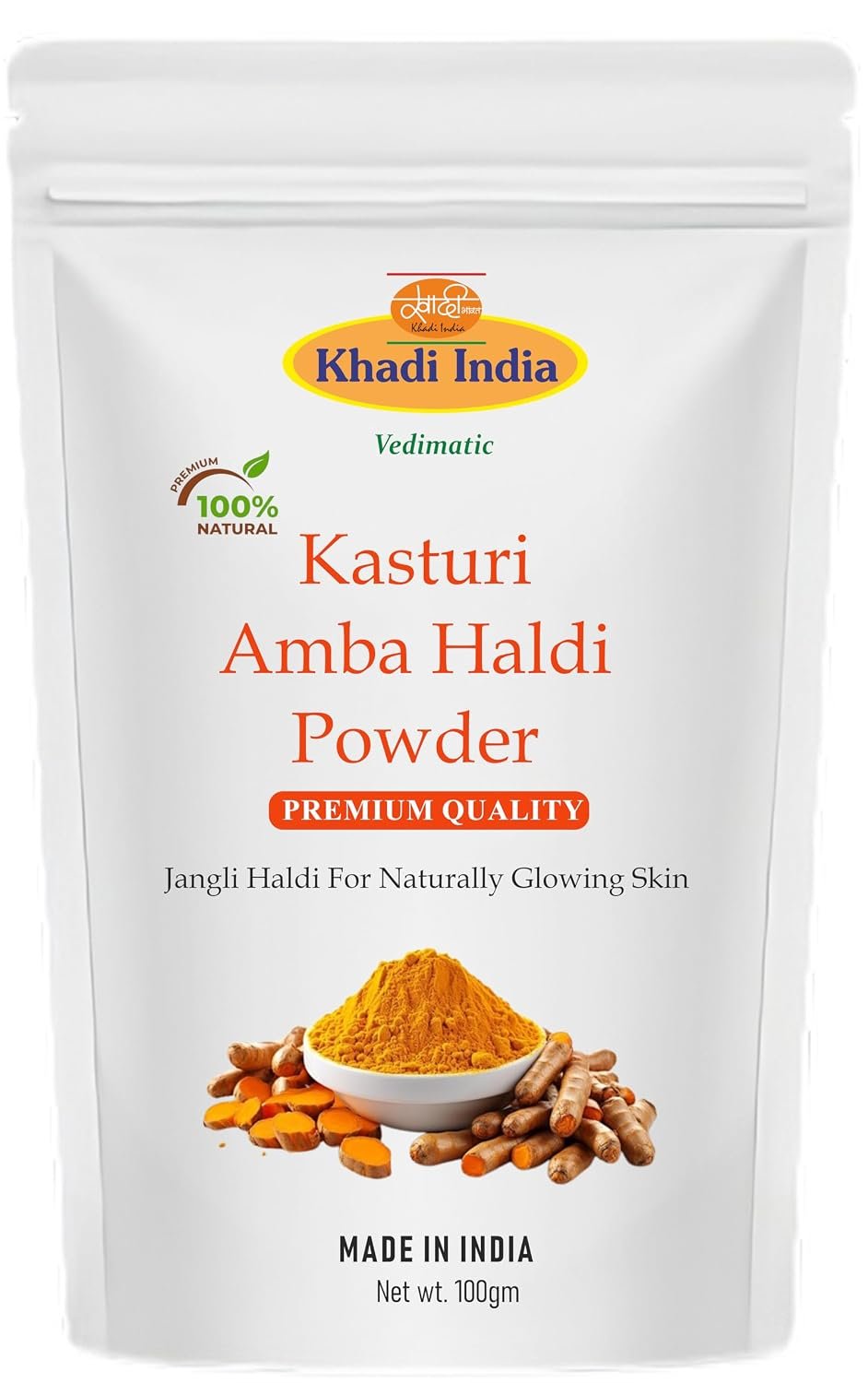 Khadi 100% Pure & Natural Kasturi Amba Haldi Powder Organic Wild Turmeric for Glowing Skin,Tan Removal & Acne Control Face & Body Care 100g