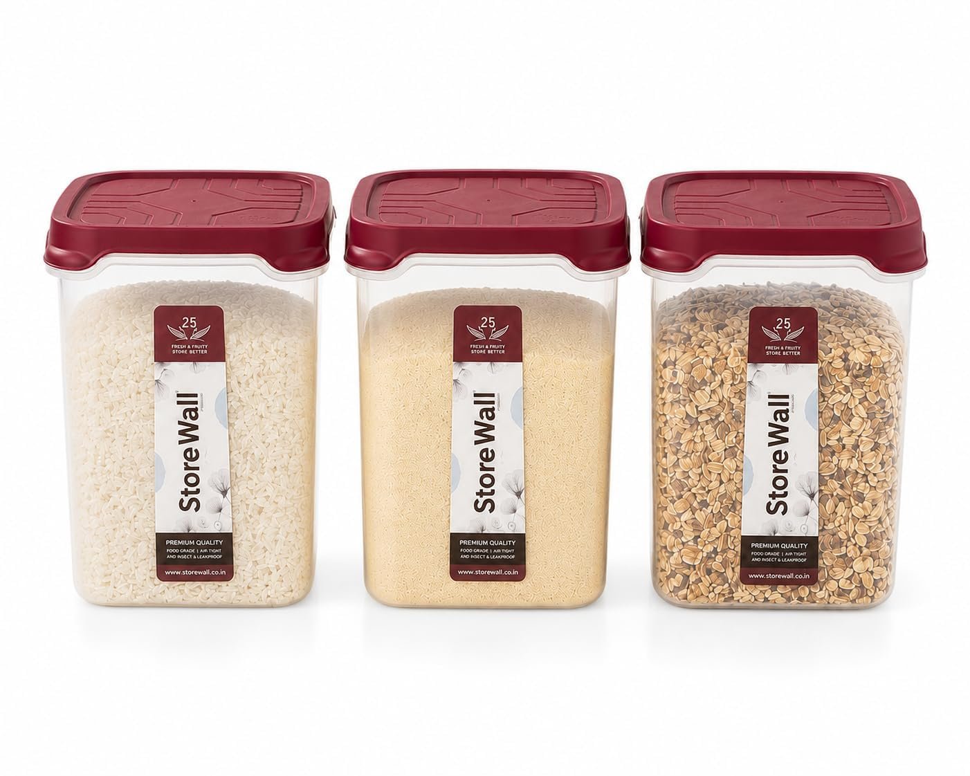 Xmart India Airtight Kitchen Storage Container Set | BPA Free Food Grade Storage Containers for Rice, Atta, Flour, Grains, Pulses & Dry Foods | Pantry Storage Canisters (Maroon (3 Pcs_2.4L))