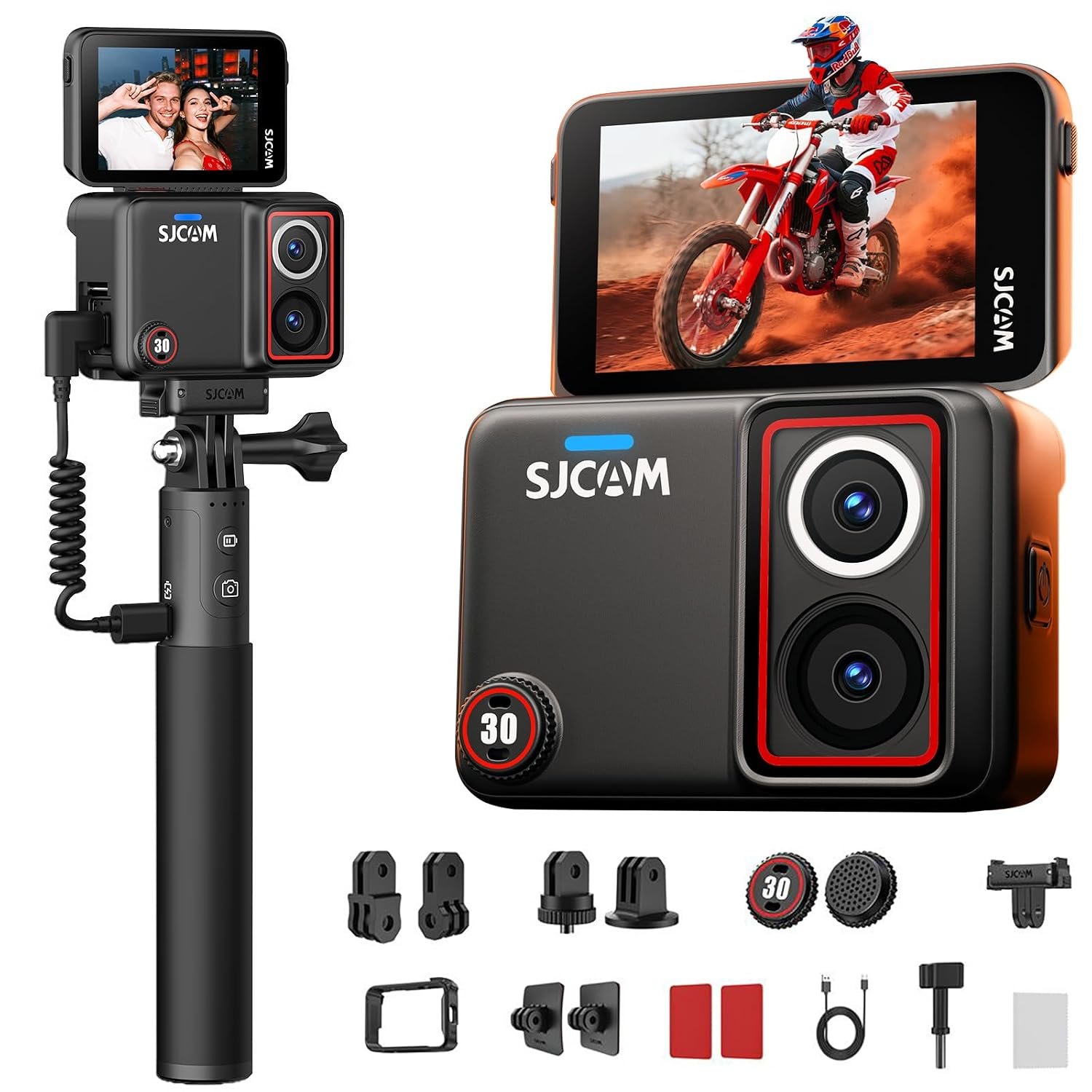 SJCAM SJ30 8K Action Camera with Dual Lens,7H Battery Handle,Low Light Camera,2.51” Flip Touch Screen, SteadyMotion 2.0 Stabilization,30M Waterproof,for YouTube Creator Vlogging,Motorcycling,Hiking