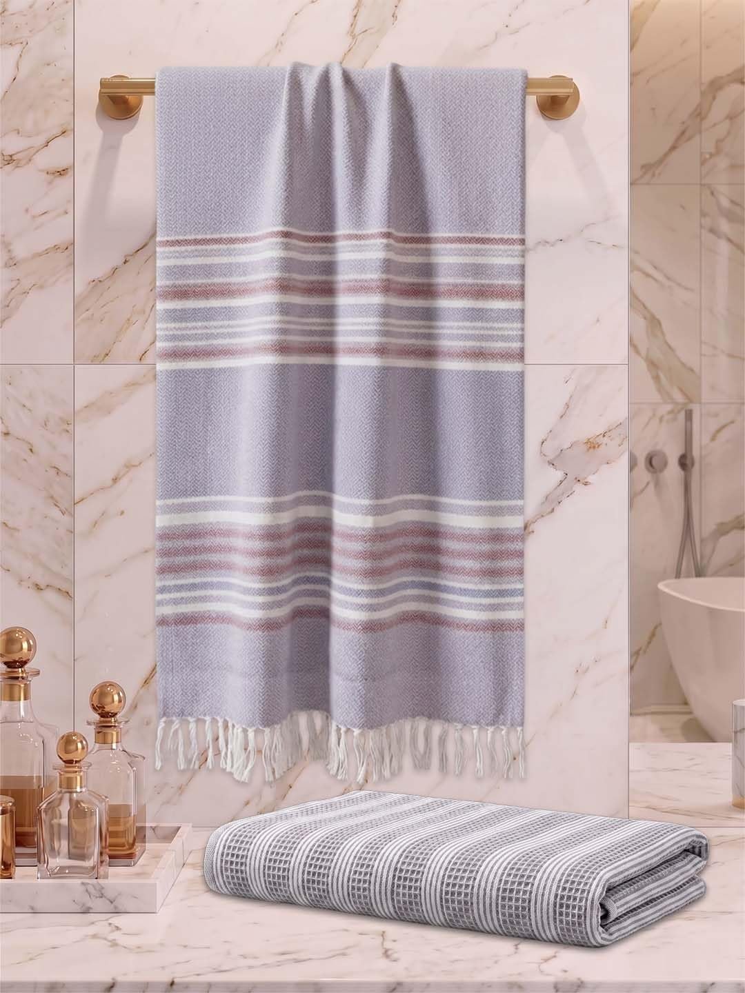 Athom Living Premium Cotton Bath Towel, Quick Dry, Ultra Soft, Highly Absorbent, Lightweight Waffle Weave, Durable & Skin Friendly, Pack of 2 | Large Size, 75x150 cm (Lavender, Grey)