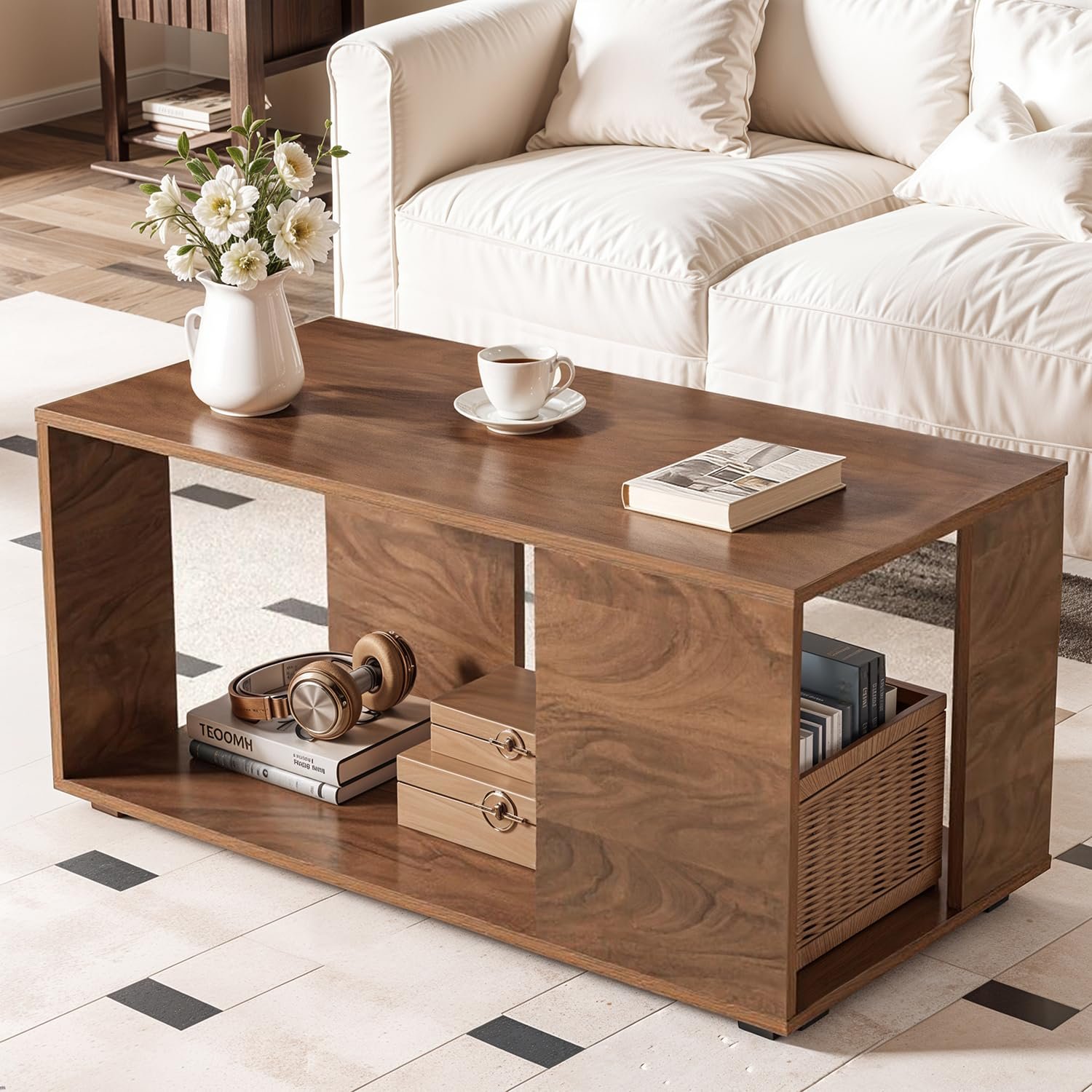 ABOUT SPACE Coffee Table - Portable Wooden Centre Table with Open Storage- Furniture - Sofa/Tea/Teapoy for Living Room, Home, Office (Walnut - L 80 x B 40 x H 42 cm)