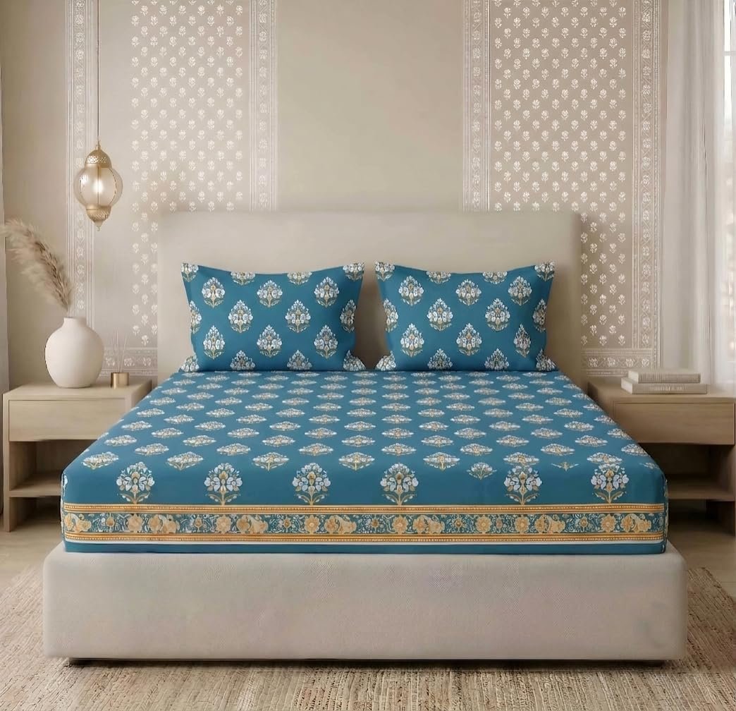 BSB HOME 240 TC Cotton Fitted Double Bedsheet with 2 Pillow Covers, Soft Breathable & Skin Friendly, Jaipuri Printed, Elastic Fitted Bedsheet (72 x 78 + 8 Inches) (Mughal Buti Print - Peacock Blue)