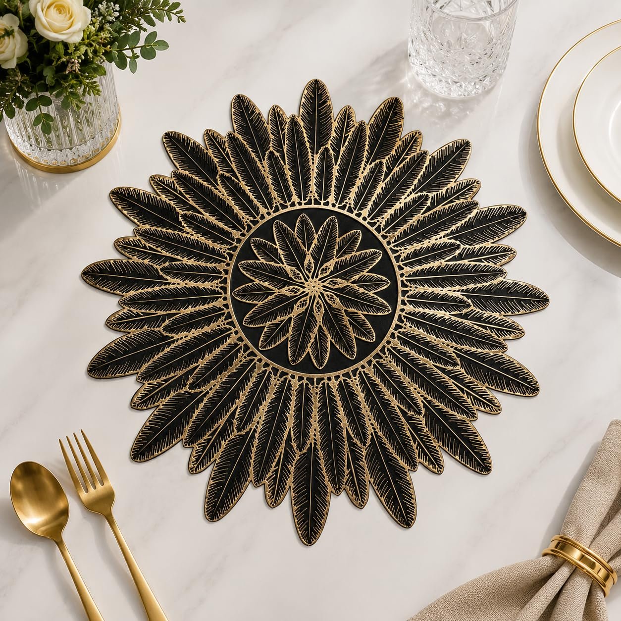 Black Gold PVC Table Mat, 15 Inch Round Leaf Design Dining Table Placemat, Waterproof Heat Resistant Wipe Clean Decorative Mat for Dining, Center, Side & Console Table