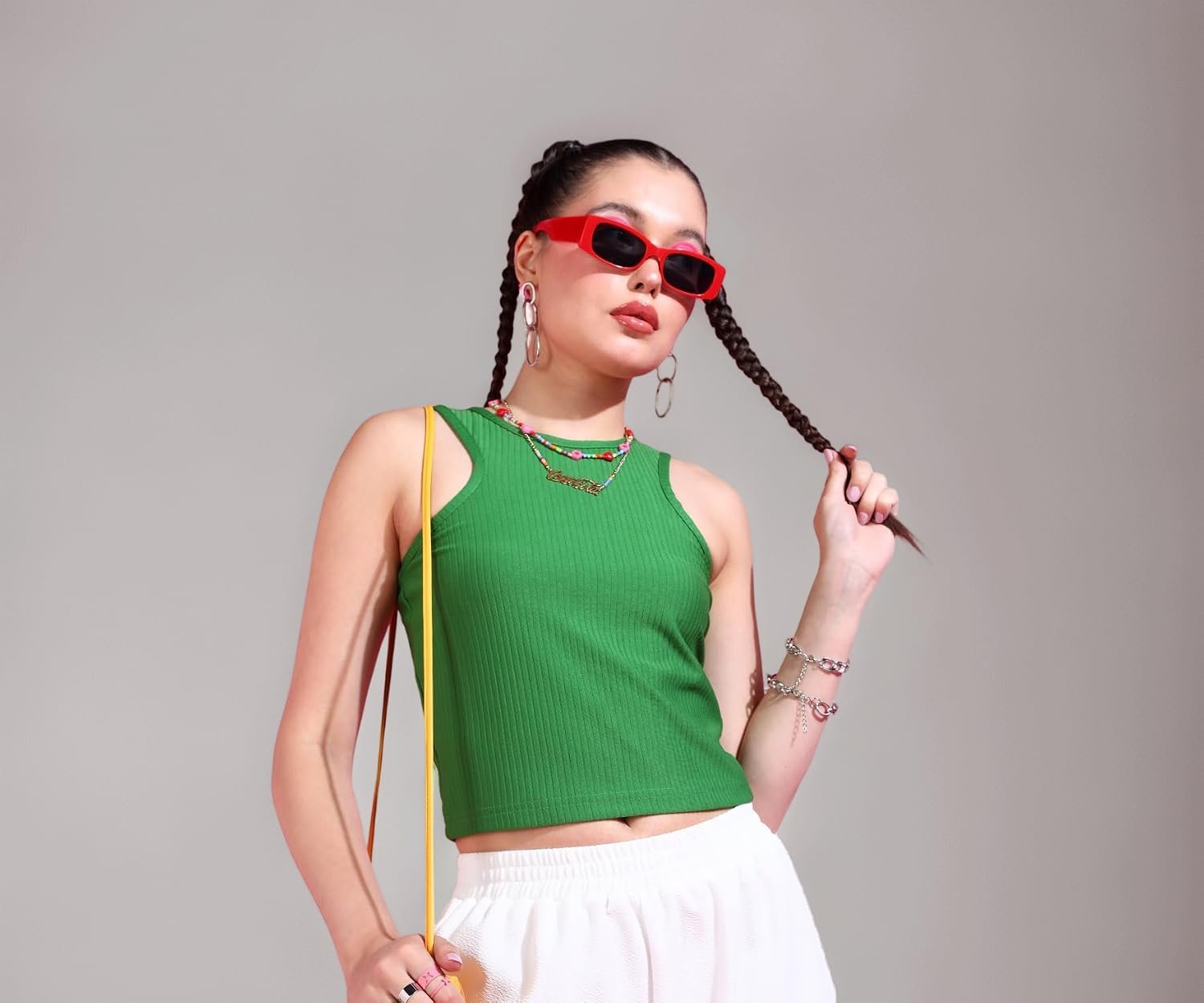 POPWINGS Women Casual Green Rib Tank Crop Top Tops for Women | Stylish Tops for Women | Trendy Tops Women
