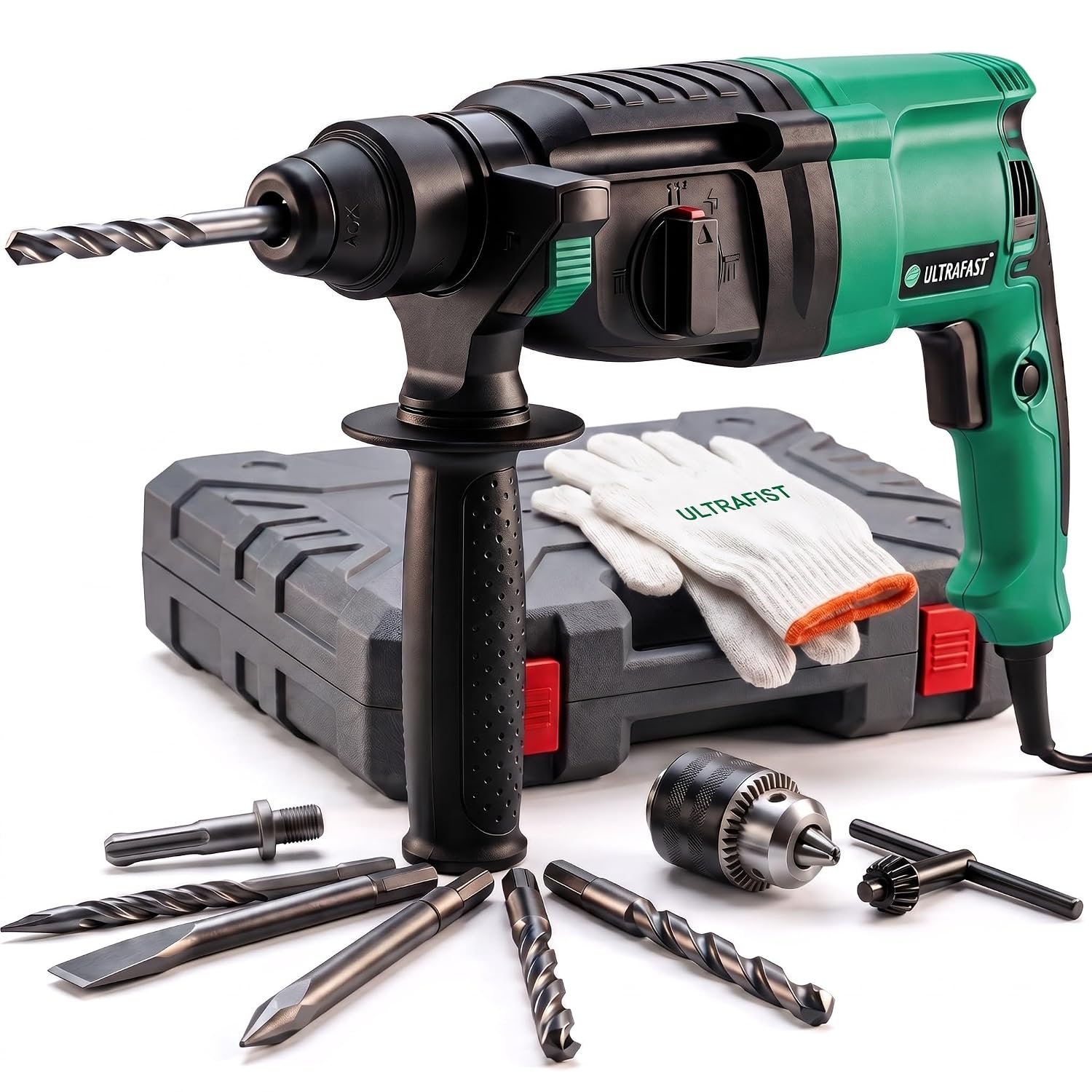 Ultra Fist 26mm 1400W Rotary Hammer Drill Machine, 4-in-1 SDS Plus Concrete Drill & Chisel, 0-1100 RPM, Variable Speed, 360° Handle, BMC Case & Accessories