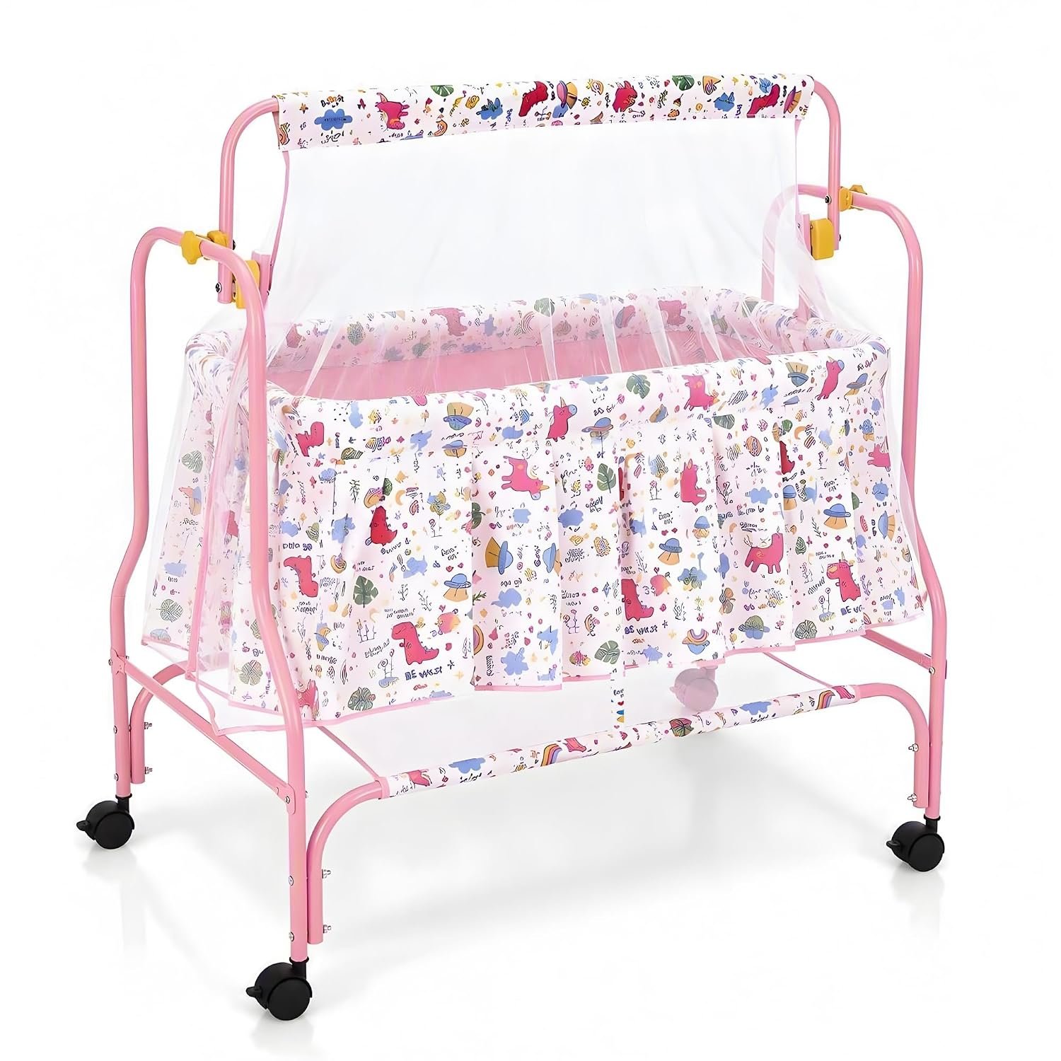 Amazon Brand - Supples Baby Cradle with Swing & Mosquito Net | 0–8 Months | Swing Lock | 4 Wheels with Brake | Soft & Comfortable for Baby Sleep | Sturdy Mild Steel Frame | Pink