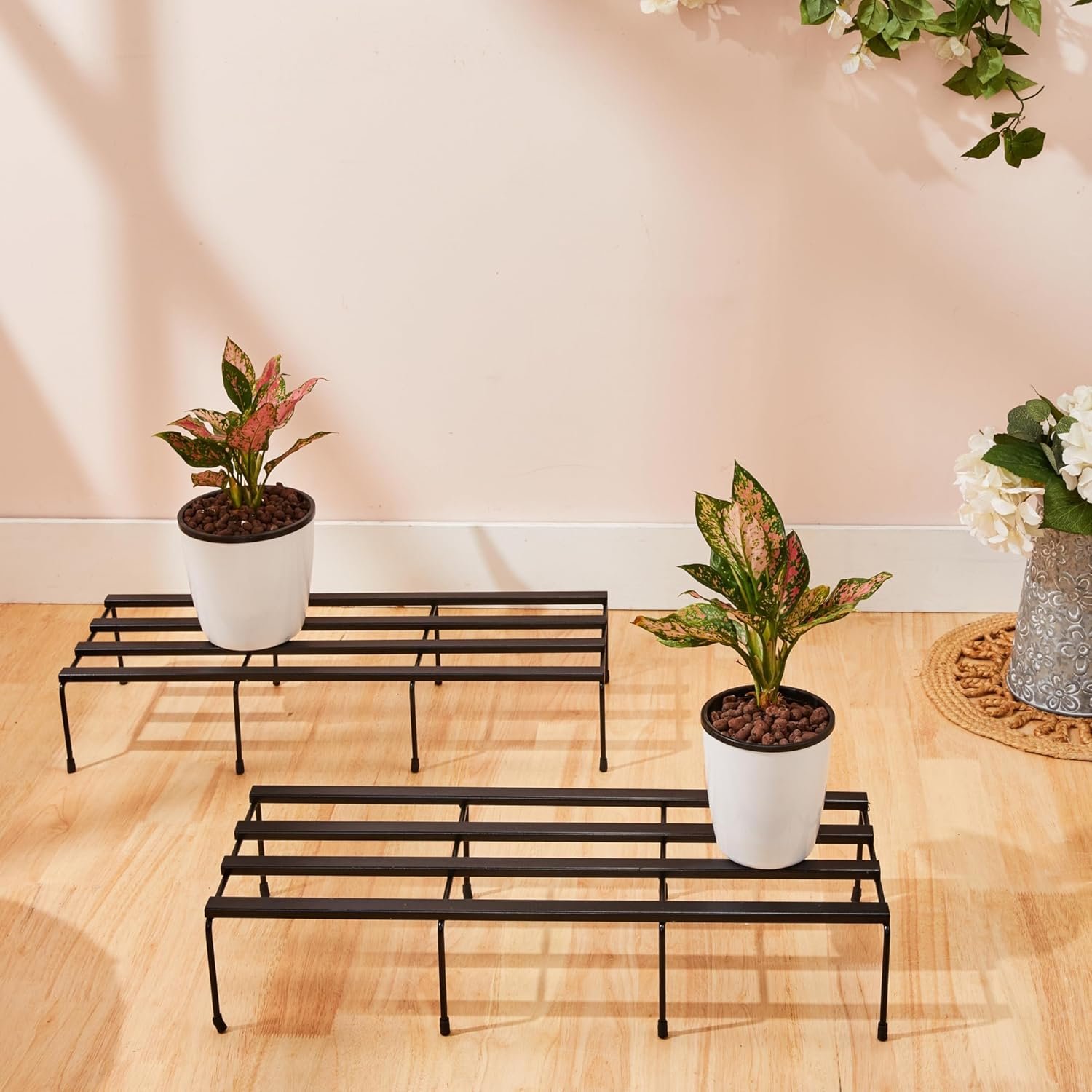 Amazon Brand – Solimo Folding Metal Plant Stand (Pack of 2, Black) – Heavy-Duty, 50 kg/Shelf Load Capacity, 21 x 60 x 12 cm, Indoor & Outdoor Use
