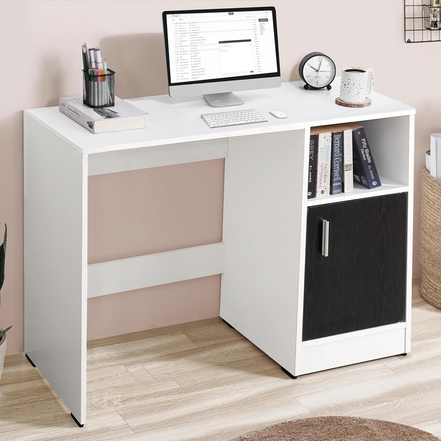 ABOUT SPACE Study Table with Bottom Storage - WFH/Office Computer Table for Laptop, PC, Working, Drawing for Home Office Desk Engineering Wood(White & Black Mahogany- L 95 x B 45 x H 75 cm)