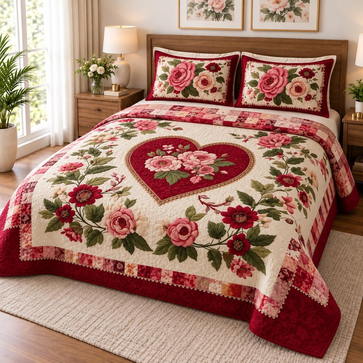 Actual 7D Feel Digital Printed Romantic Heart Rose Double Bedsheet, Air Cotton Soft & Breathable for Bed Room 2 Matching Pillow Covers, Gift, Cream, Maroon & Pink, 90 x 100 Inches