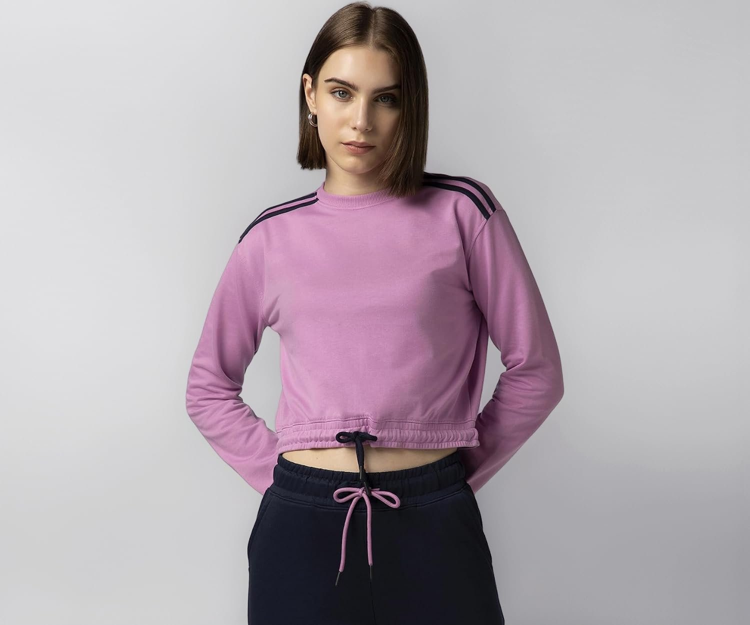FYLTR Women's Terry Crop Top - Full Sleeve | Elasticated Waist & Cuff | Boxy Fit | Stripe Detailing | Tops for Women Western | Women t Shirt