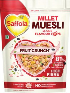 Saffola Millet Muesli Fruit Crunch with Crunchy Flavour Pops & High Fibre Pouch (650 g)
