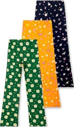 T2F Girls Cotton Flared Leggings Pack of 3 | Soft Stretch Bootcut Pants for Kids | Printed Floral & Heart Designs | Multicolor Combo (2–14 Years