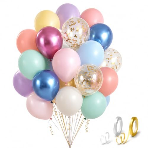 AMFIN (Pack of 50) Rainbow Theme Birthday Decoration Kit Metallic Finish Women Girls Item Pink Blue Multi Sun Cloud Confetti Chrome Latex Balloons