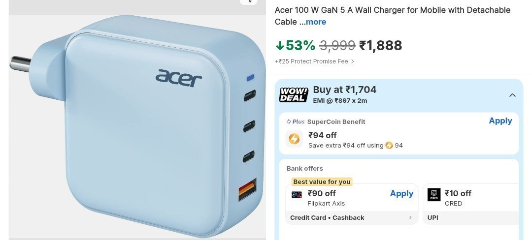 Acer 100 W GaN Charger With Cable
