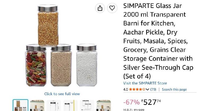 SIMPARTE Glass Jar 2000 ml Transparent Barni for Kitchen, Aachar Pickle, Dry Fruits, Masala, Spices, Grocery, Grains Clear Storage Container with Silver See-Through Cap (Set of 4)