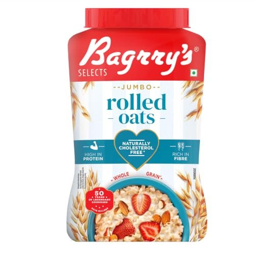 Bagrry’s Jumbo Rolled Oats 1kg Jar | Whole Grain, High Fibre & Protein Breakfast Cereal | Non-GMO Oats | No Added Sugar & Preservatives | Instant Oats for Breakfast