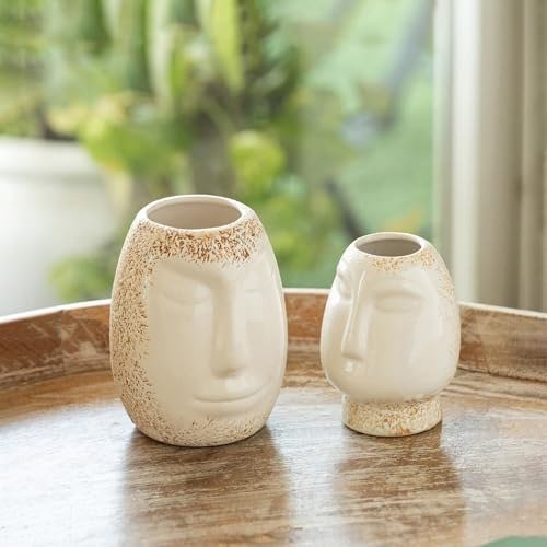 ExclusiveLane 'Round Faces' Decorative Ceramic Flower Vase for Living Room Ceramic Vase for Home Decor Side Table Show Case Flower Vases Showpiece Gifts (Set of 2, 13.0 Cm, Handglazed Studio Pottery)