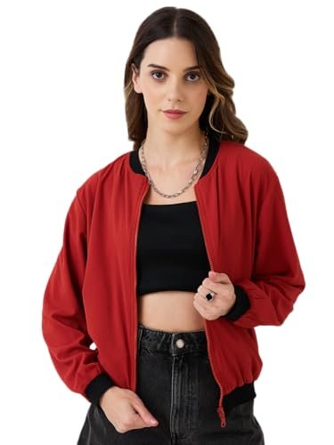 9 Impression Women's Bomber Jacket, Maroon with Black Contrast, Poly Crepe, Ribbed Neck and Cuffs, Side Pockets, Oversized Style Jackets