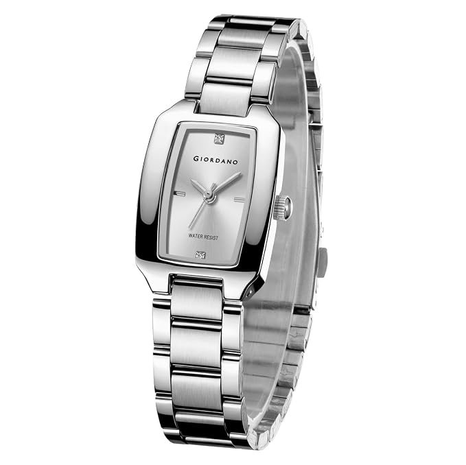 Giordano Analog Watch for Women – Rectangular Dial, Stainless Steel Strap, Crystal Accent Markers, Elegant Wristwatch