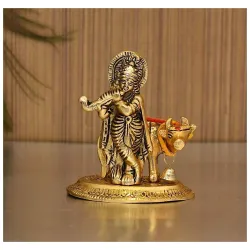 TIED RIBBONS Metal Krishna Idol with Kamdhenu Cow Statue (Small, 9 cm x 7 cm) Decorative Murti Showpiece for Pooja Room Showcase Table Home Decoration Birthday Housewarming Gift Items
