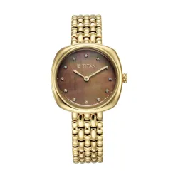 Titan Aura Phase Quartz Analog Brown Dial Golden Stainless Steel Strap Watch for Women-95241YM01