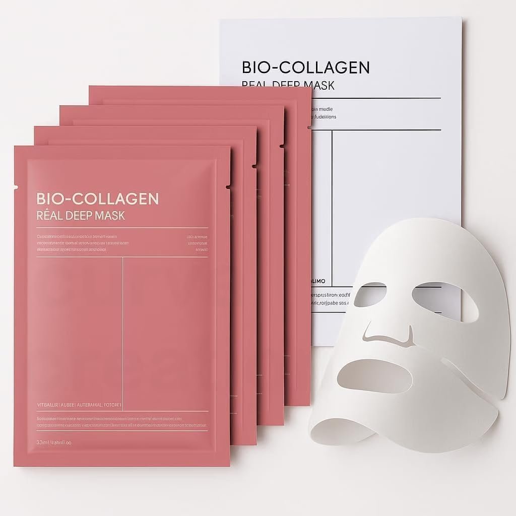 (Pack of 4) Bio-Collagen Real Deep Mask | Korean Collagen Face Mask with Low Molecular Collagen & Hyaluronic Acid | Overnight Hydrating Hydrogel Mask | Pore Minimizing, Wrinkle Reduction, Glass Skin | Paraben-Free