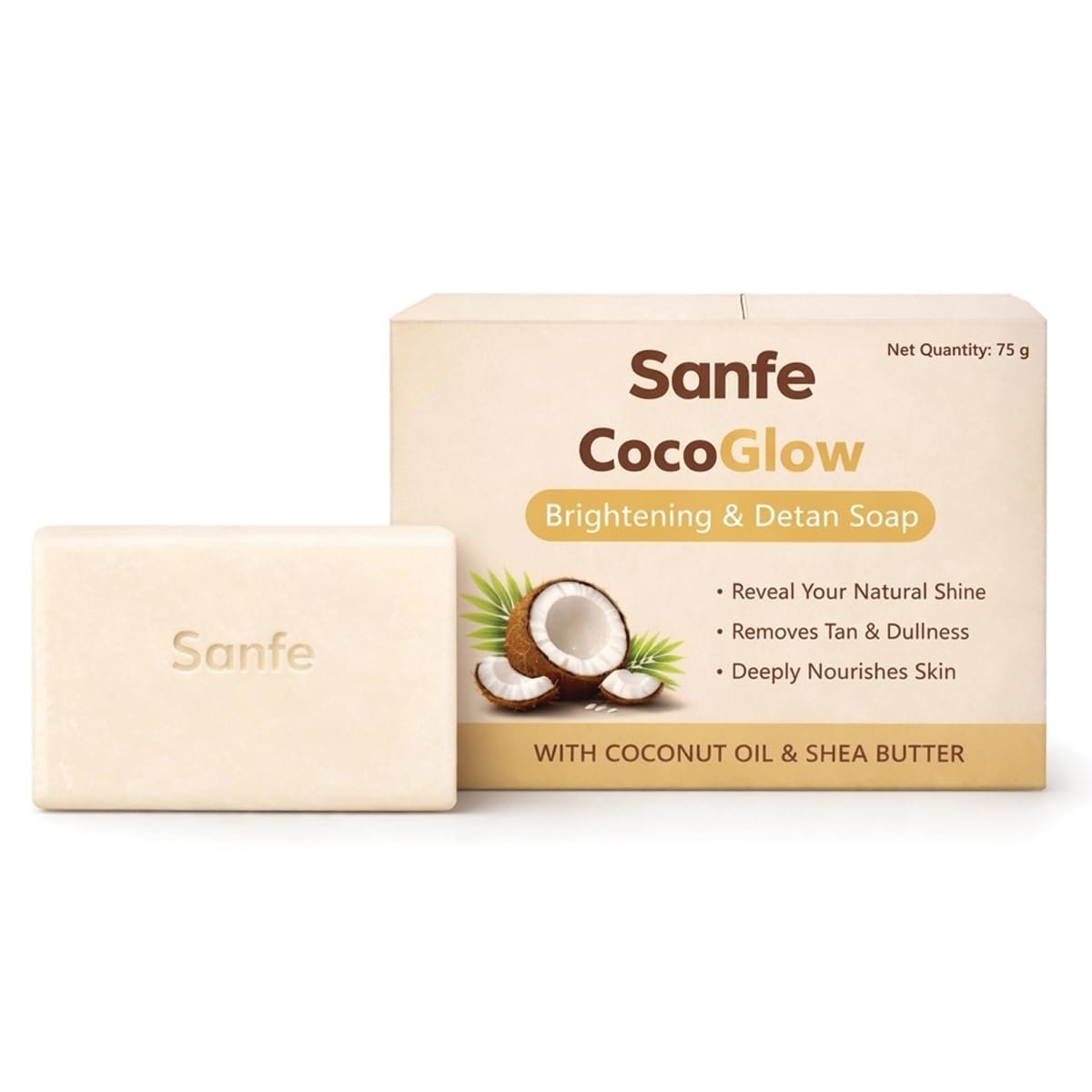 Sanfe CocoGlow Soap for Cleansing & Moisturizing | Coconut Oil & Shea Butter | Helps Reduce Dullness & Leaves Skin Soft & Nourished | Daily Bath Soap | For All Skin Types | 75 g